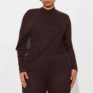 Fashion Nova Livia Draped Long Sleeve Jumpsuit - Dark Brown Plus Size